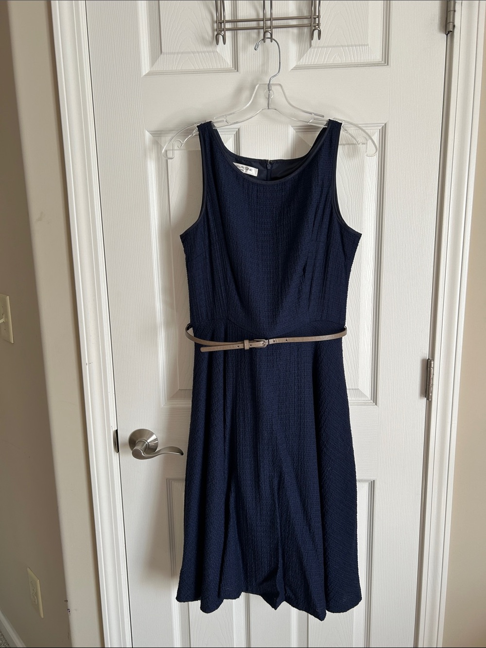 Evan Picone Navy Textured Sleeveless A-Line Dress with Tan Belt